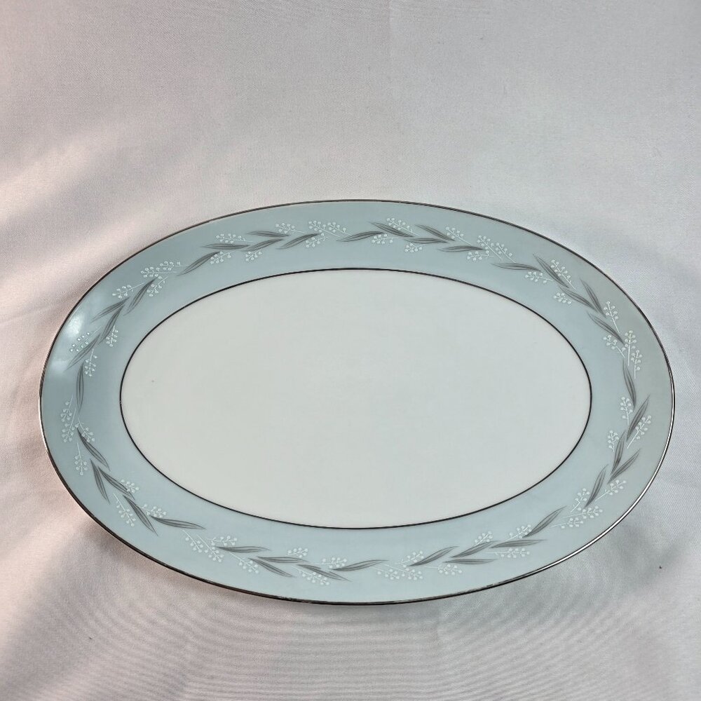 Noritake Sheldon Serving Platter 12 Inch White with Aqua Band and White Flowers